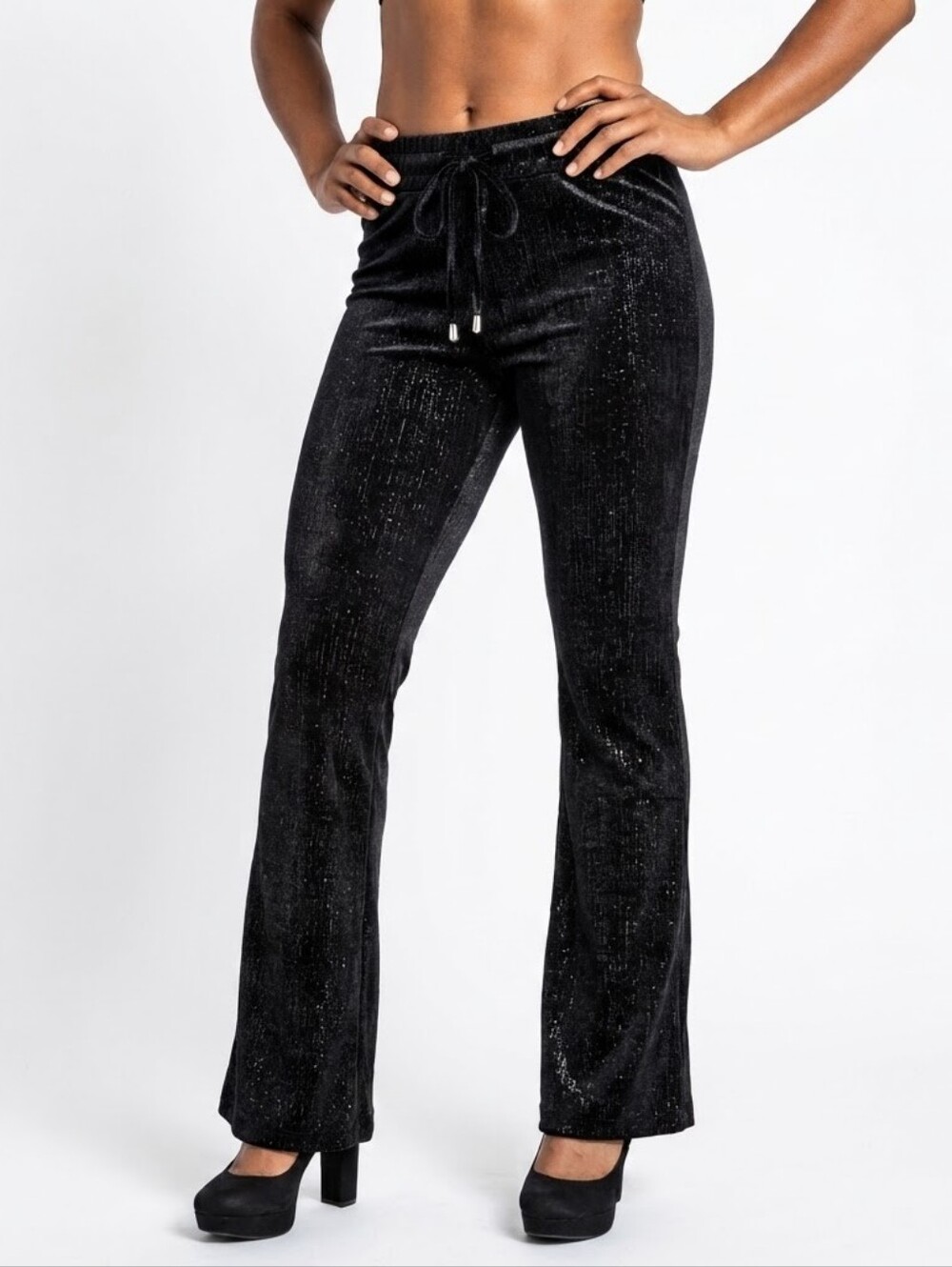 Soho Apparel Black Metallic Velvet Flare Pants Medium Y2K Glow NWT